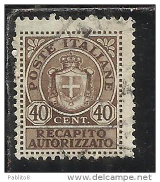 ITALIA REGNO ITALY KINGDOM 1945 LUOGOTENENZA RECAPITO AUTORIZZATO 40 CENTESIMI TIMBRATO USED - Geautoriseerde Privédienst