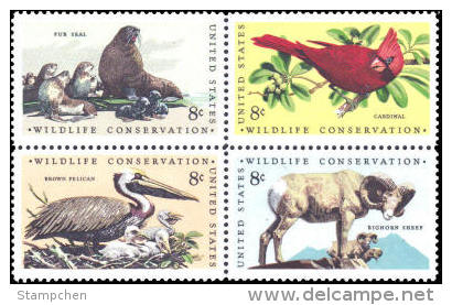 1972 USA Wildlife Conservation Stamps Sc#1464-7 1467a Seal Cardinal Pelican Bird Sheep Ram Mammal - Pelicans