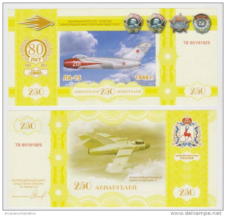 RUSIA  250 RUBLOS  2.012  2012   "AVIONES-PLANES"    SC/UNC/PLANCHA    T-DL-10.110 - Russie