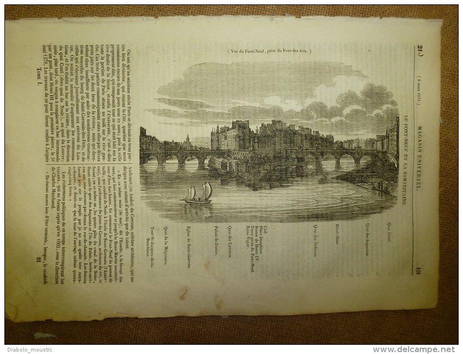 6 Mars.1834  MAGASIN UNIVERSEL:Pont-Neuf Et Samaritaine;Esquimaux;Sacrifices Humains Mexique;Enlevé Par AIGLE à Vaud - 1800 - 1849