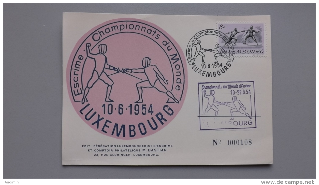 Luxemburg 500 Yt 460 Maximumkarte MK/MC, SST 10.6.1954, Mit Cachet Der Fecht-WM, Fecht-WM In Luxemburg - Maximumkaarten