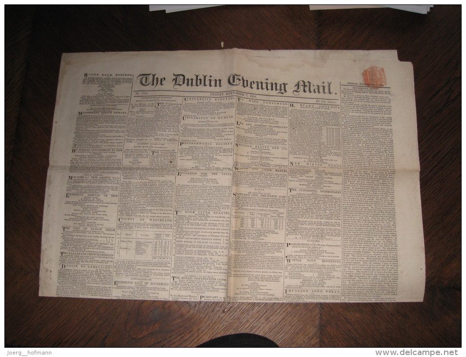 Ireland Eire Irland Revenue Stamp Embossed Newspaper Newspaperstamp D44 Dublin Evening Mail 7.11.1856 Old Zeitung Press - Vorphilatelie