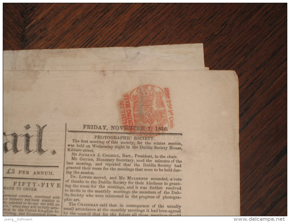 Ireland Eire Irland Revenue Stamp Embossed Newspaper Newspaperstamp D44 Dublin Evening Mail 7.11.1856 Old Zeitung Press - Prefilatelia