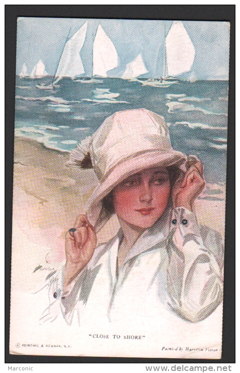 CPA Illustrée FISHER Harrison - CLOSE TO SHORE - Jeune Femme En Chapeau, Mer, Voiliers - Fisher, Harrison