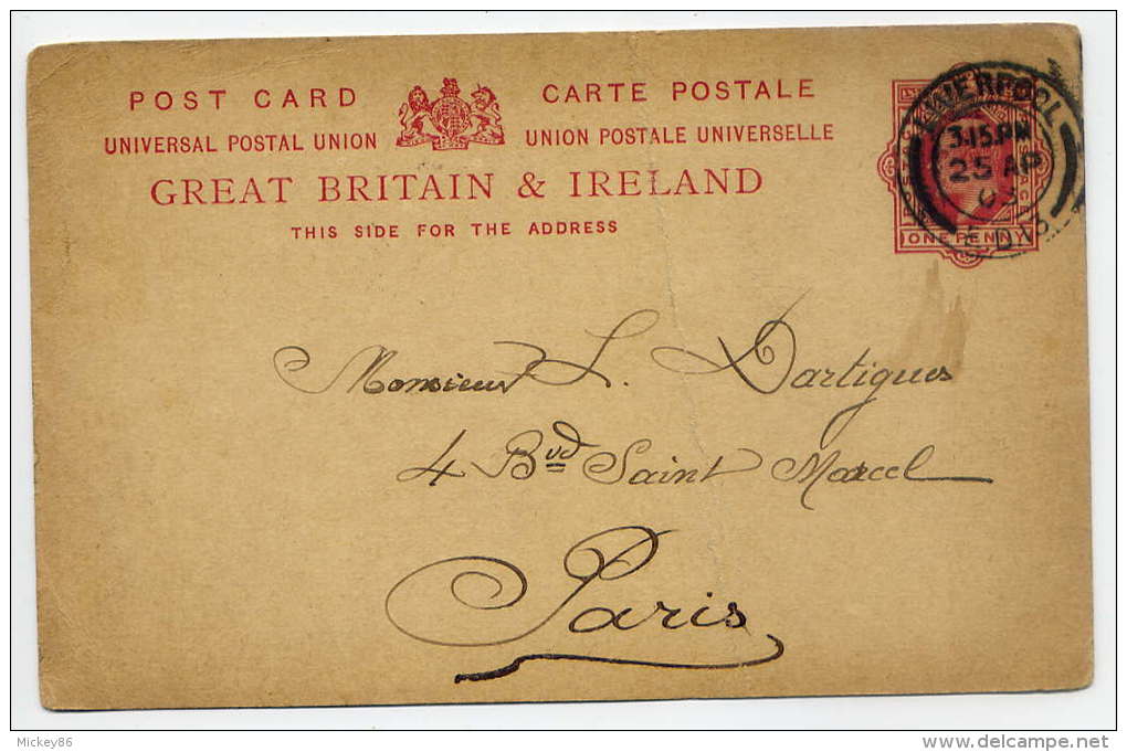 GB--Entier-1903-Carte Postale Victoria-One Penny-cachet"LIVERPOOL" Pour PARIS(France)--25 AP 03--Texte Au Verso - Briefe U. Dokumente