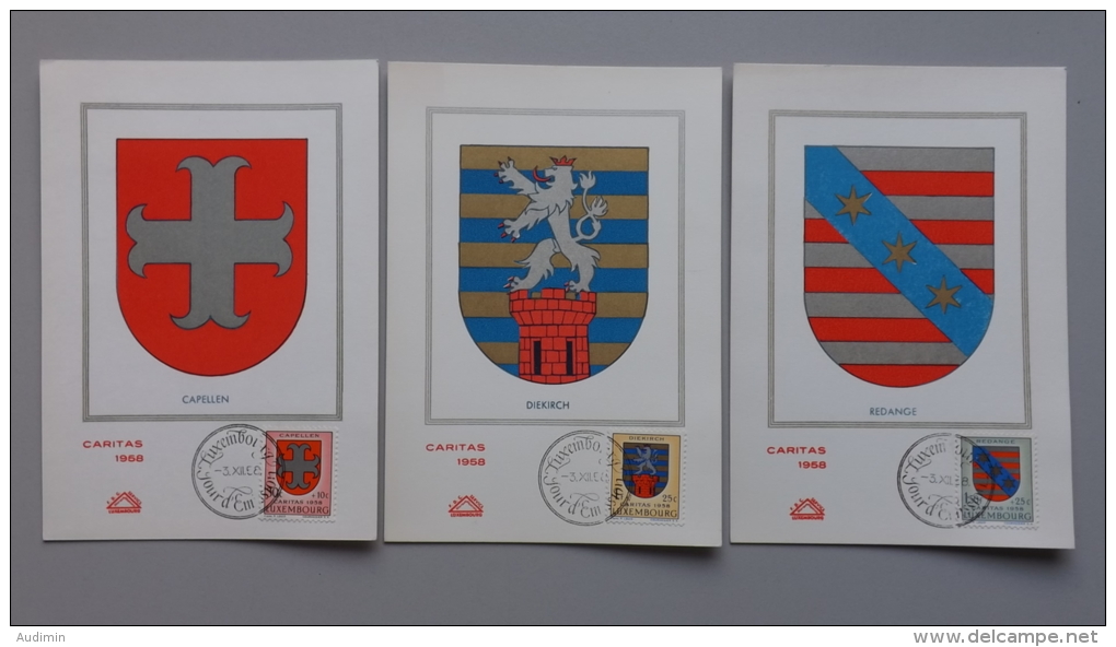 Luxemburg 595/7 Yt 554/6 Maximumkarte MK/MC, ESST, Caritas 1958, Kantonalwappen - Tarjetas Máxima