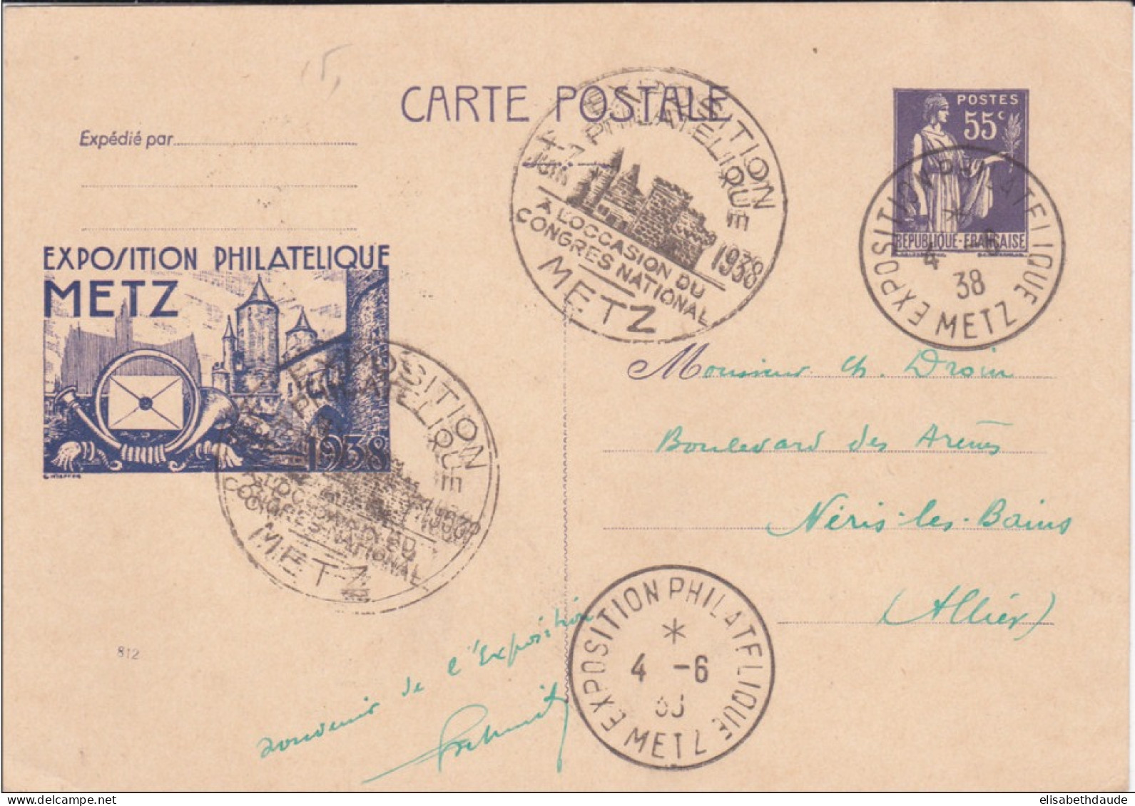 PAIX - 1938 - CARTE ENTIER POSTAL Avec REPIQUAGE PRIVE De L'EXPO PHILATELIQUE De METZ (MOSELLE) - BUREAU TEMPORAIRE - Postales  Transplantadas (antes 1995)