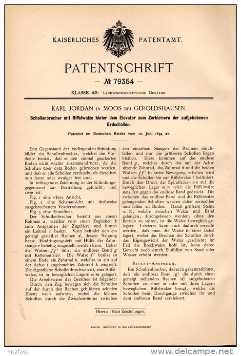 Original Patentschrift - Karl Jordan In Moos B. Geroldshausen , 1894, Schollenbrechen Für Landwirtschaft , Agrar , Pflug - Machines