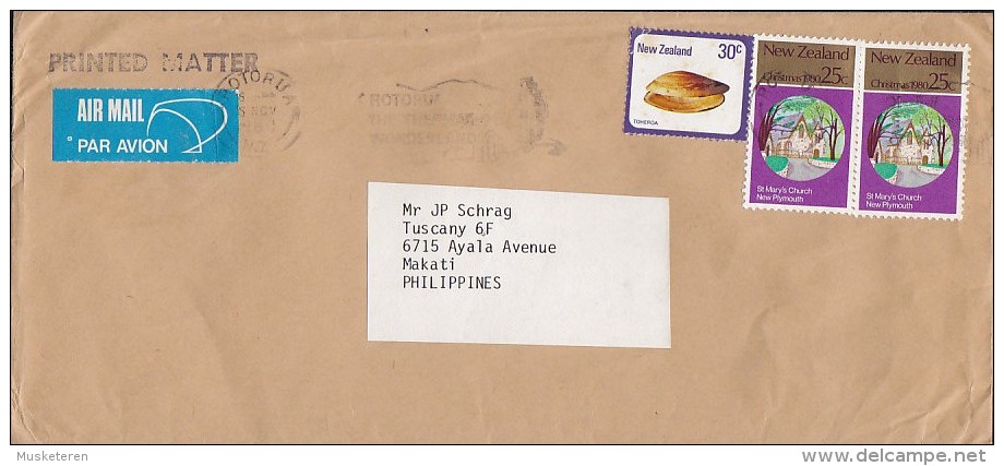 New Zealand Airmail Par Avion Label ROTORUA 1980 Cover To MAKATI Philippines Shell & Church Pair Printed Matter - Poste Aérienne