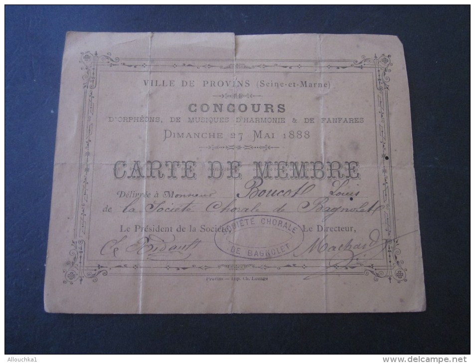 BAGNOLET 27 Mai 1889 Provins Seine-et-Marne :Concours D´orphéons,Musique,Harmonie - Fanfare 50 % Accordée Par Chemin - Autres & Non Classés