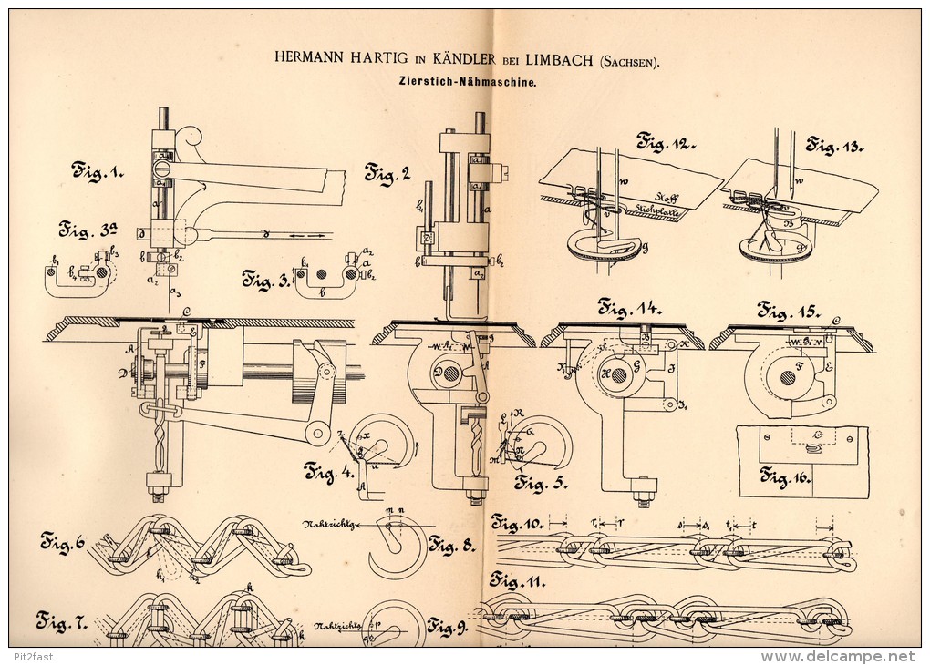 Original Patentschrift - H. Hartig In Kändler B. Limbach I.S. , 1889  , Zierstich - Nähmaschine , Näherei !!! - Maschinen