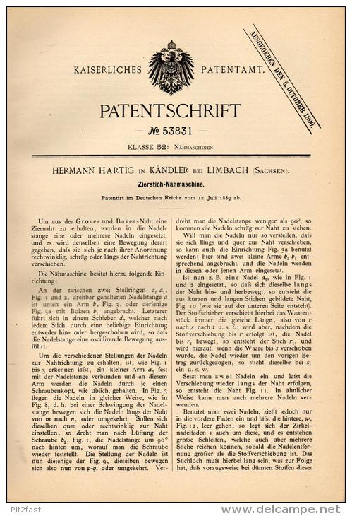 Original Patentschrift - H. Hartig In Kändler B. Limbach I.S. , 1889  , Zierstich - Nähmaschine , Näherei !!! - Maschinen