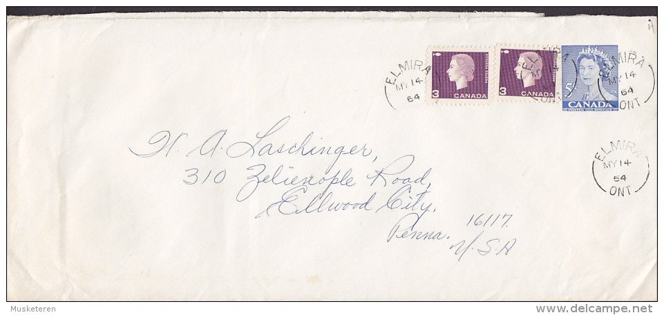 Canada Uprated Postal Stationery Ganzsache Entier ELMIRA 1964 Cover Lettre ELLWOOD CITY USA Queen Elizabeth II. - 1953-.... Reign Of Elizabeth II