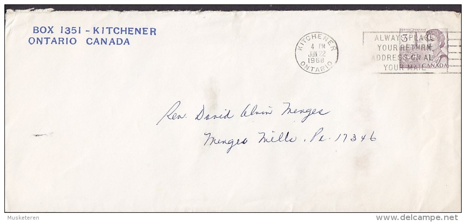 Canada Postal Stationery Ganzsache Entier KITCHENER Ontario Slogan 1968 Cover Lettre To USA Queen Elizabeth II. - 1953-.... Reinado De Elizabeth II