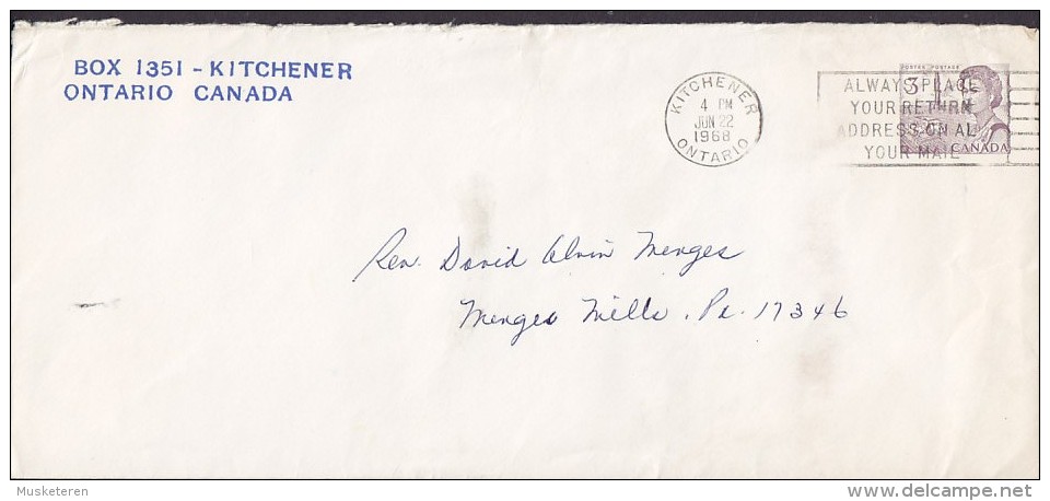 Canada Postal Stationery Ganzsache Entier KITCHENER Ontario Slogan 1968 Cover Lettre To USA Queen Elizabeth II. - 1953-.... Règne D'Elizabeth II