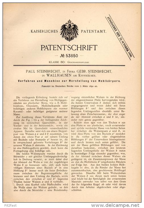 Original Patentschrift - P. Steinbrecht In Wallhausen Am Kyffh., 1890 , Maschine Für Hohlkörper , Ostereier , Karamel !! - Maschinen