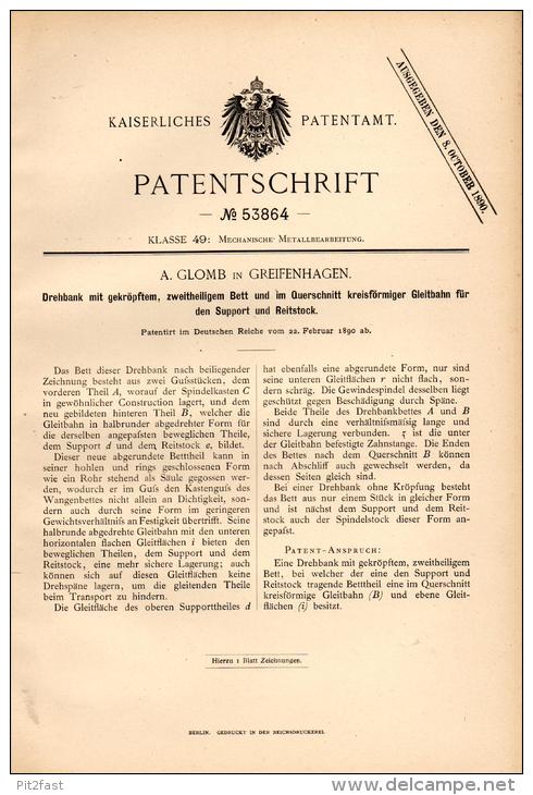 Original Patentschrift - A. Glomb In Greifenhagen , 1890 , Drehbank , Dreherei , Maschinenbau , Dreher !!! - Maschinen