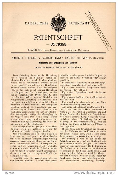 Original Patentschrift -  O. Telesio In Cornigliano , Ligure , 1894 , Macchina Per Tappi Di Sughero  !!! - Macchine