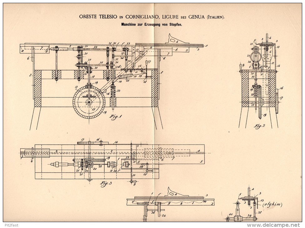 Original Patentschrift -  O. Telesio In Cornigliano , Ligure , 1894 , Macchina Per Tappi Di Sughero  !!! - Macchine