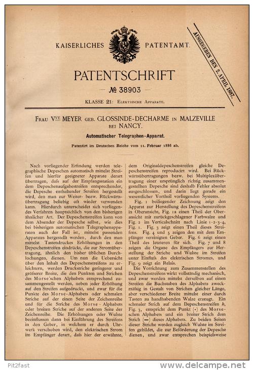 Original Patentschrift - F. Meyer , Glossinde - Decharme Dans Malzéville , 1886, Appareil De Télégraphie , Telegraphy !! - Machines
