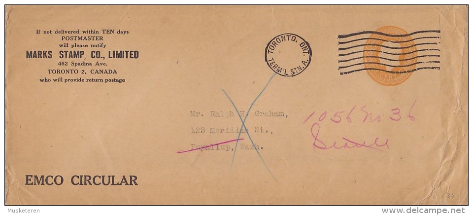 Canada Postal Stationery Ganzsache Entier Private Print EMCO Circular MARK STAMP Co., TORONTO Terminal Station Cover - 1903-1954 Kings