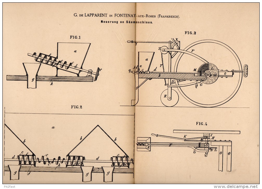 Original Patentschrift - G. De Lapparent Dans Fontenay Aux Roses , 1886 , Semoir, De L'agriculture, Des Semences !!! - Machines