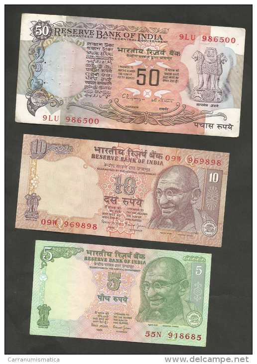 INDIA - RESERVE BANK Of INDIA - 5 - 10 - 50 RUPEES (LOT Of 3 BANKNOTES) - Inde