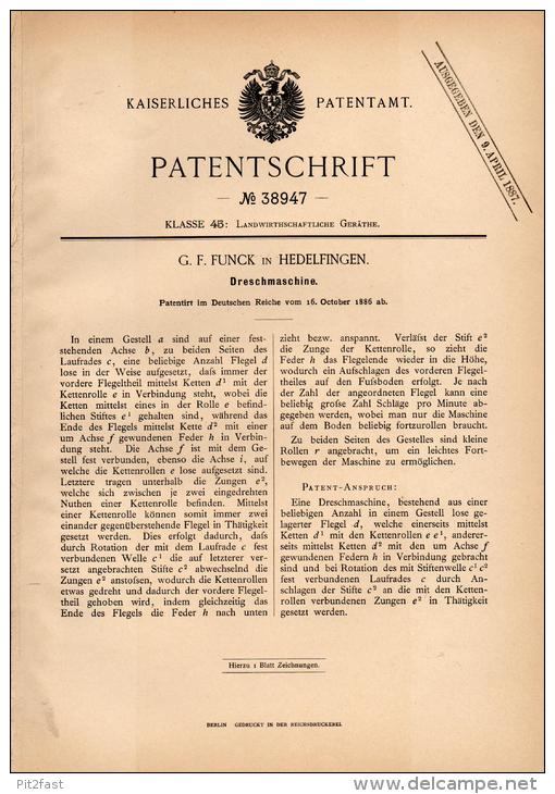 Original Patentschrift -  G.F. Funck In Hedelfingen B. Stuttgart , 1886 , Dreschmaschine , Landwirtschaft !!! - Maschinen