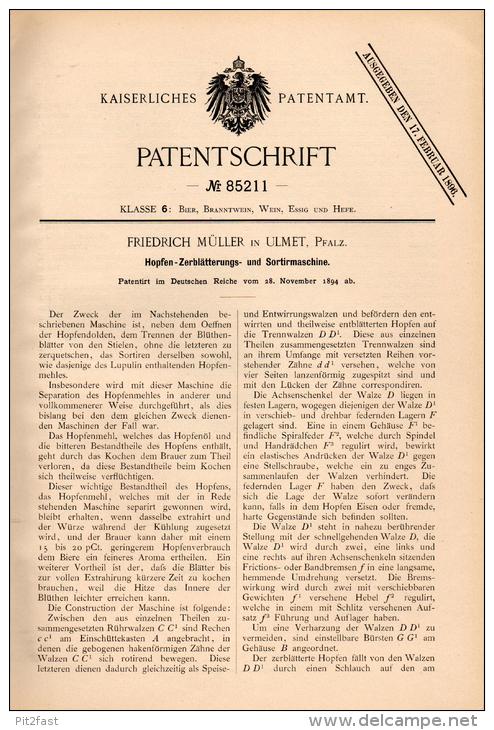 Original Patentschrift - F. Müller In Ulmet I. Pfalz ,1894, Hopfen - Sortiermaschine , Bier , Brauerei , Alkohol , Kusel - Maschinen