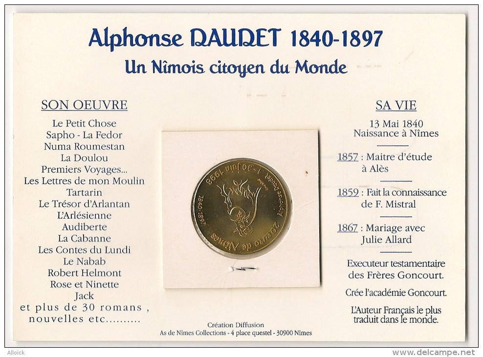 Médaille 20 Euros De Nîmes Alphonse Daudet 1840 - 1897  -  Neuve -  1998 - Euro Van De Steden