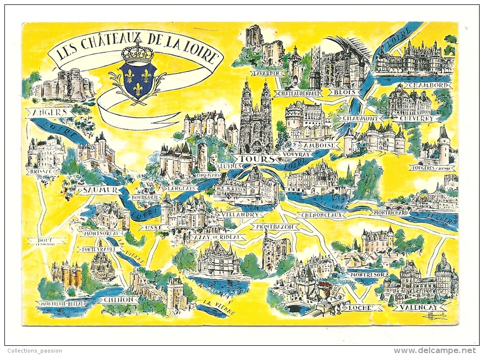 Cp, Carte Géographique, Les Châteaux De La Loire, Voyagée 1982 - Landkarten