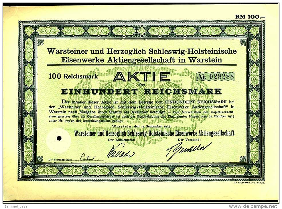 Aktie Warsteiner Herzoglich Eisenwerke AG In Warstein -  100 RM 1925 - Industrie