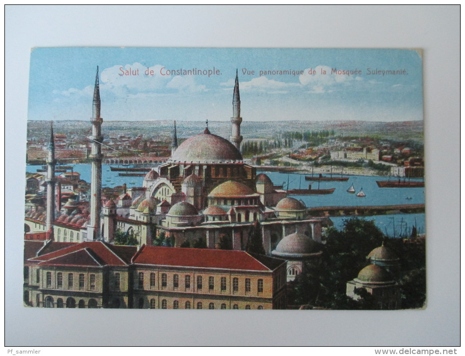 AK Türkei 1909 (?) Salut De Constantinople / Vue Panoramique De La Mosquee Suleymanie Echt Gelaufen Nach Wien! - Turkey