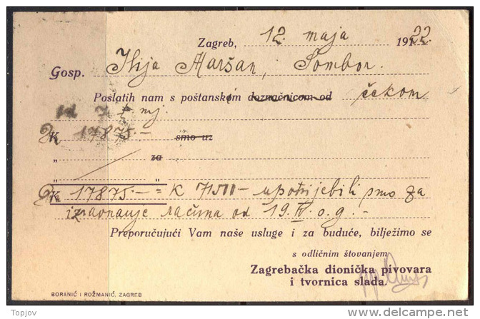 YUGOSLAVIA  -  CROATIA - SHS - HUNGARY - PROVIS. POST CARD Mi.P35  - Edic.BORANI&#262; I ROŽMANIŽ ZAGREB - PIVOVARA - 19 - Briefe U. Dokumente