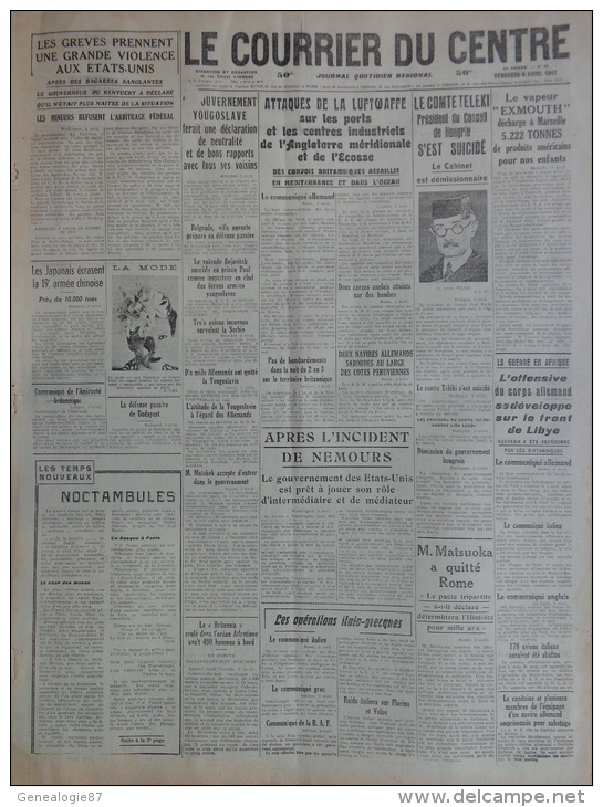 87 - LIMOGES-COURRIER DU CENTRE- GUERRE 1939-1945- LUFTWAFFE ANGLETERRE-COMTE TELEKI -4 -4- 1941-YOUGOSLAVIE-BENGHAZI - - Historische Dokumente