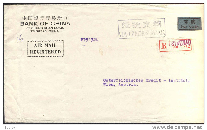 CHINA - KINA - AIR MAIL REGISTERED - TSINGTAO Via CZECHOSLOVAKIA To AUSTRIA - LOTOS Flowers - Luftpost