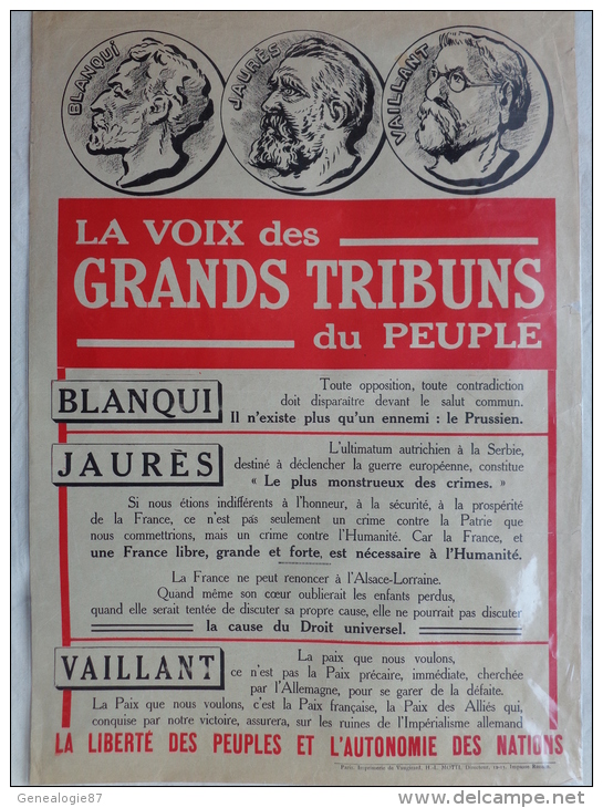 AFFICHE ANCIENNE ORIGINALE-GUERRE 1914-1918-LA VOIX DES GRANDS TRIBUNS DU PEUPLE-BLANQUI-JAURES-VAI LLANT-PARIS MOTTI - Plakate