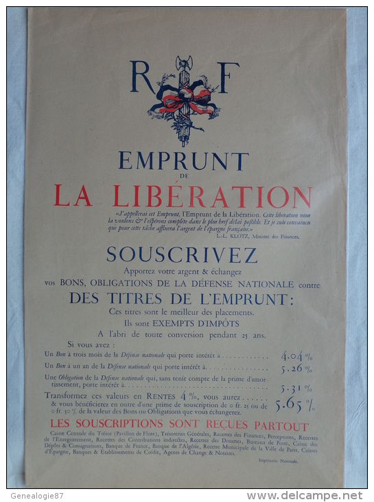 AFFICHE ORIGINALE-GUERRE  1914-1918 -REPUBLIQUE FRANCAISE EMPRUNT DE LA LIBERATION- L. KLOTZ MINISTRE FINANCES - Affiches