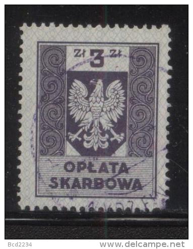 POLAND GENERAL DUTY REVENUE (OPLATA SKARBOWA) 1953 ENGRAVED EAGLE ON SHIELD WITHOUT IMPRINT 3ZL VIOLET USED BF#166 - Fiscaux