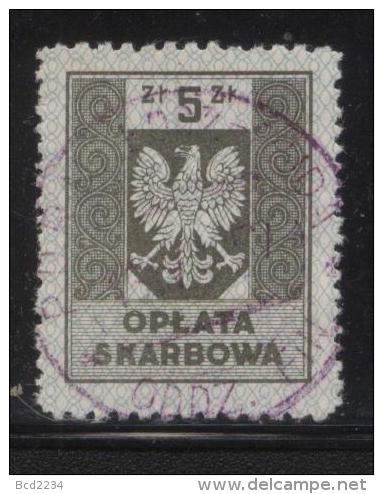 POLAND GENERAL DUTY REVENUE (OPLATA SKARBOWA) 1953 ENGRAVED EAGLE ON SHIELD WITHOUT IMPRINT 5ZL GREEN USED BF#169 - Fiscaux