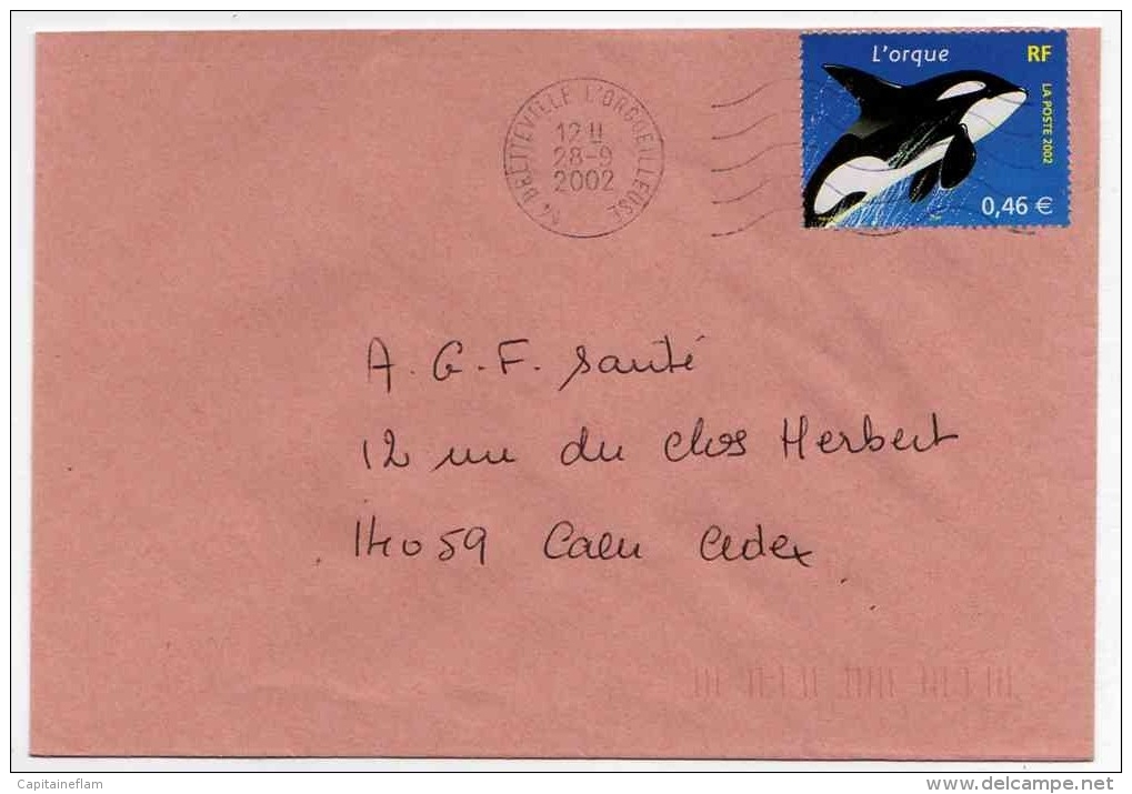 DOLPHIN Dauphin Delfin  Orca Killer Whale French Stamp Postmarked 28 9 2002 On Cover - Dolphins