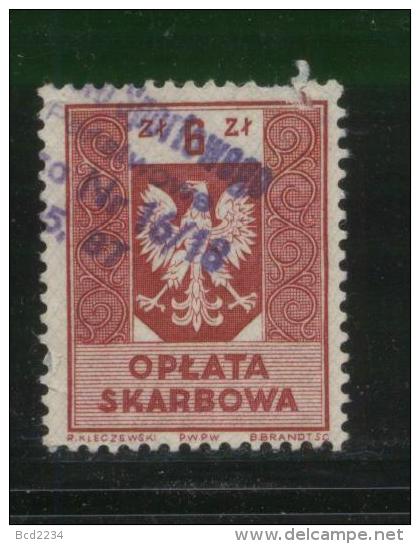 POLAND GENERAL DUTY REVENUE (OPLATA SKARBOWA) 1959 ENGRAVED EAGLE ON SHIELD WITH IMPRINT 6ZL RED USED BF#180 - Fiscaux