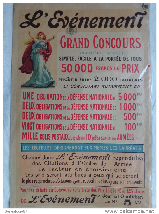 AFFICHE ORIGINALE- GUERRE 1914-1918- 1916 L' EVENEMENT JOURNAL QUOTIDIEN-GRAND CONCOURS - Affiches