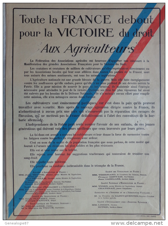 AFFICHE ORIGINALE- GUERRE 1914-1918- TOUTE LA FRANCE DEBOUT POUR LA VICTOIRE-AUX AGRICULTEURS-DEVAMBEZ IMPRIMEUR - Affiches