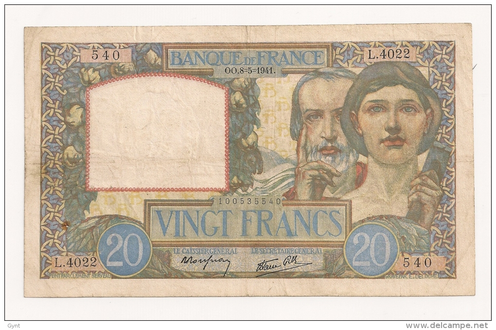 20 FRANCS SCIENCE ET TRAVAIL  8.5.1941 - 20 F 1939-1942 ''Science Et Travail''