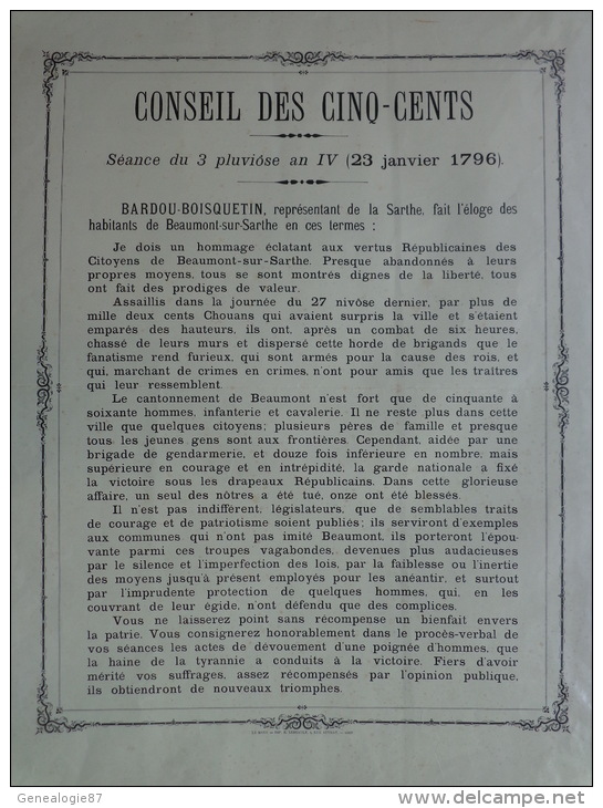 AFFICHE ORIGINALE-CONSEIL DES CINQ CENTS- 3 PLUVIOSE AN IV-1796-BARBOU BOISQUENTIN BEAUMONT SUR SARTHE- LE MANS LEBRAULT - Posters