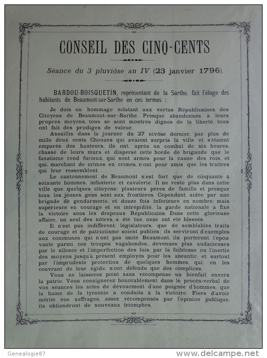 AFFICHE ORIGINALE-CONSEIL DES CINQ CENTS- 3 PLUVIOSE AN IV-1796-BARBOU BOISQUENTIN BEAUMONT SUR SARTHE- LE MANS LEBRAULT - Affiches