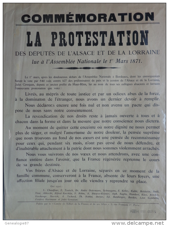AFFICHE ORIGINALE-COMMEMORATION LA PROTESTATION DES DEPUTES ALSACE LORRAINE -1ER MARS 1871- ASSEMBLEE NATIONALE - Affiches