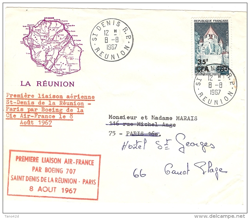 LBL21 - LA REUNION 1ère LIAISON AIR FRANCE PAR BOEING 707 ST DENIS-PARIS  LE 8/8/1967 - Airmail