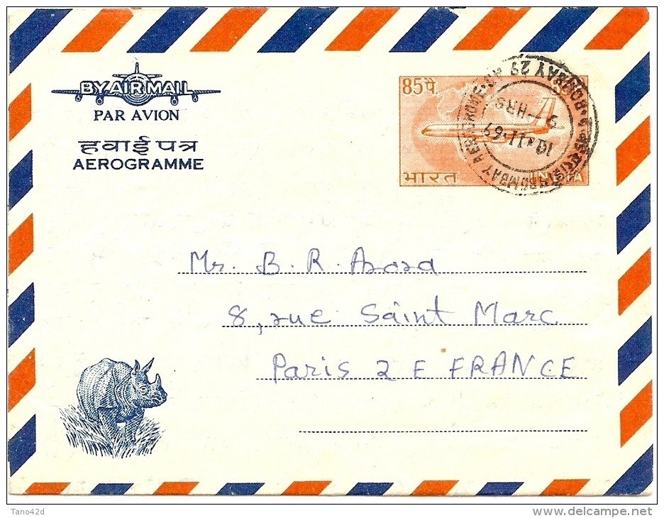 LBL21 - INDE AEROGRAMME VOYAGE BOMBAY / PARIS NOVEMBRE 1969 - Luchtpostbladen